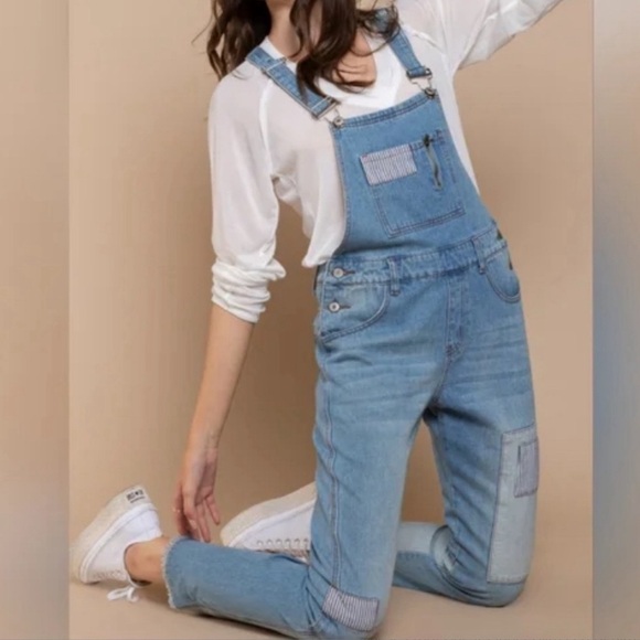 POL Slim Leg Denim Overalls With Patchwork Raw Hem 100% Cotton Size MEDI… - Picture 1 of 14